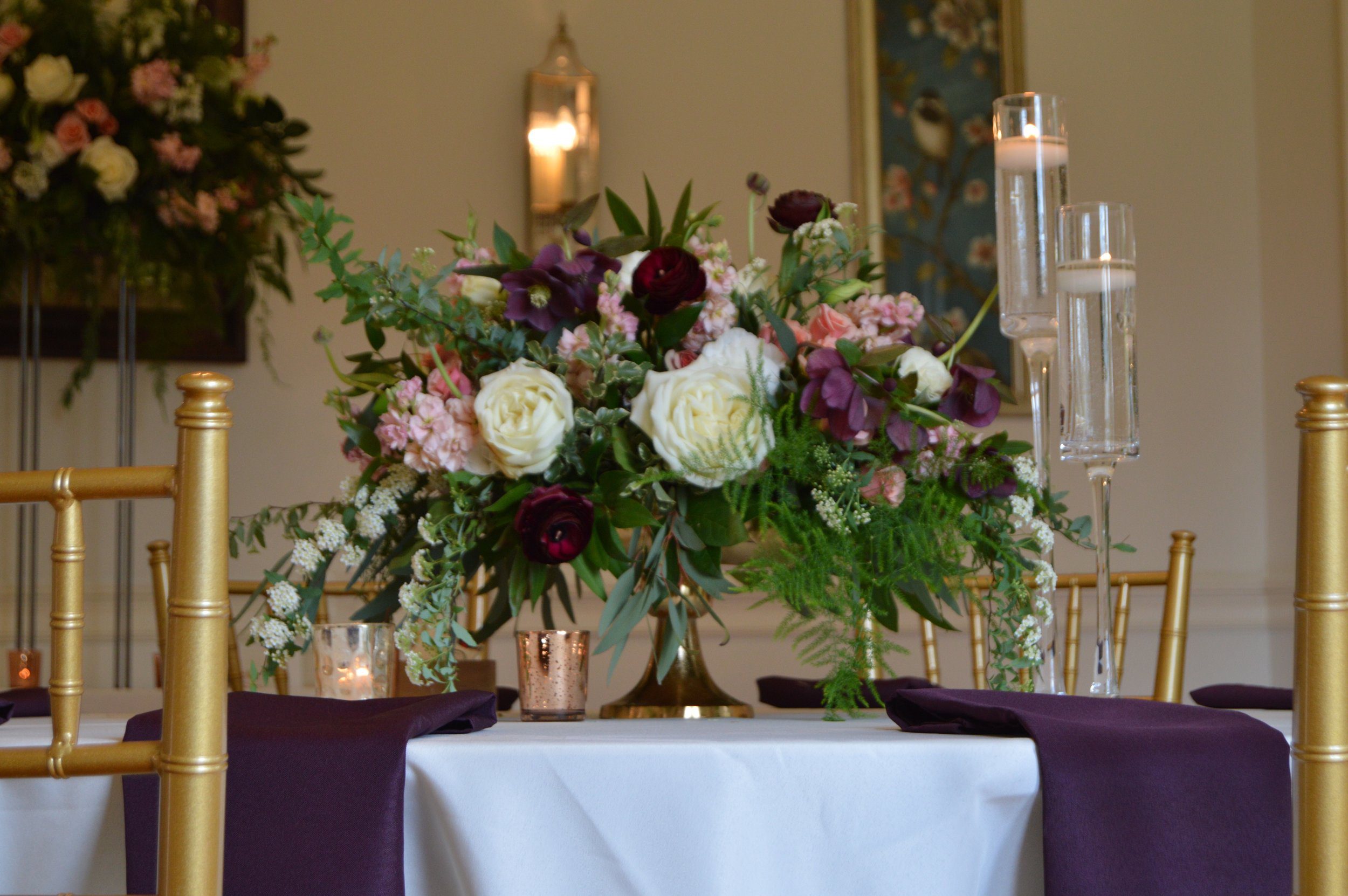 Elegance at Rust Manor House, Leesburg, Virginia, with Chiavari chairs,&nbsp;gold pedestal vase arrangement from J. Morris Flowers, copper and glass votives.